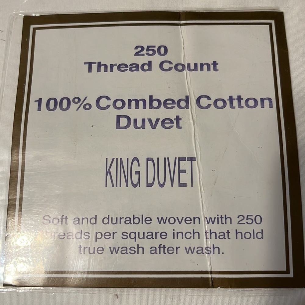 King duvet, off white,  250  thread count, new